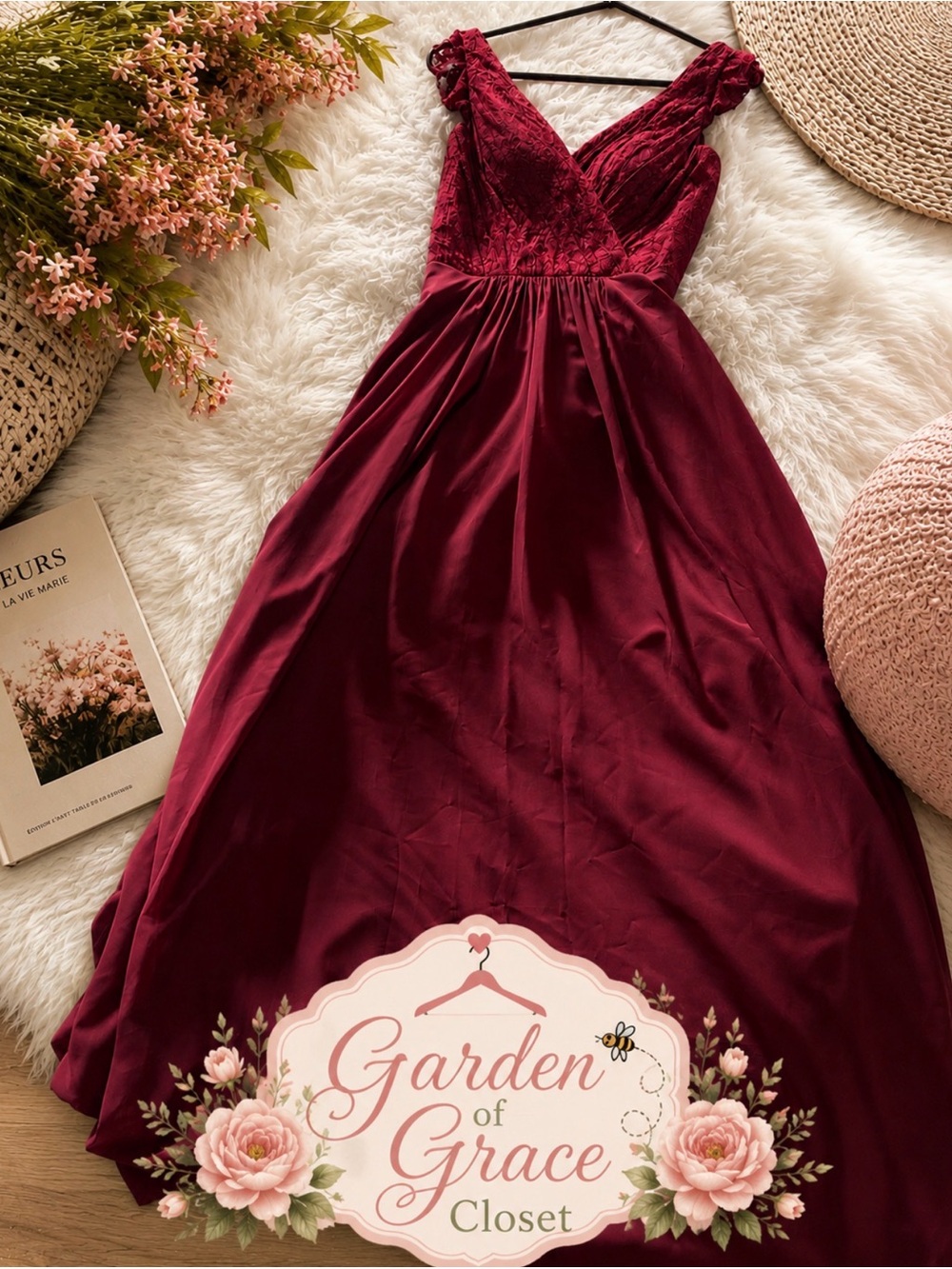JJs House Burgundy V-Neck Lace Bodice A-Line Wedding Dress